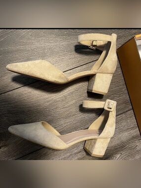 Pointed Toe Ankle-Strap Block Heel Pumps in Cream Suede